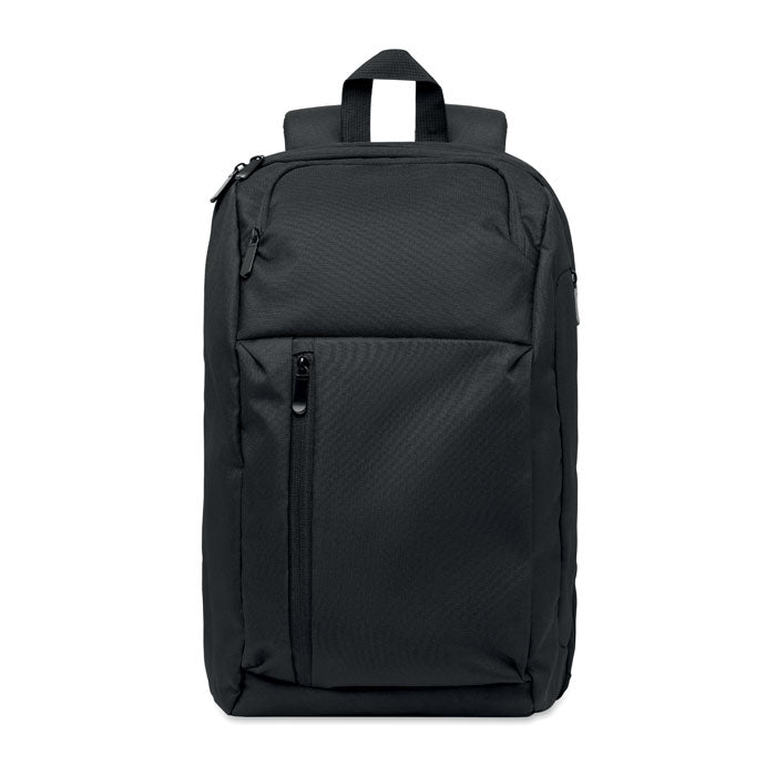 Mochila portátil 15" RPET 15L, mochila negra con múltiples bolsillos y diseño funcional para laptop.