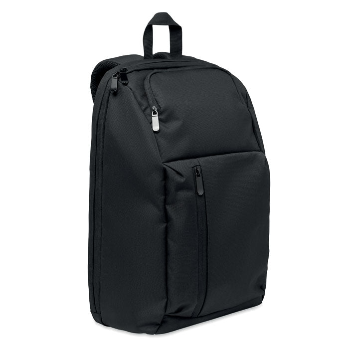 DOHA - Mochila portátil 15" RPET 15L, mochila negra para portátil, diseño moderno y funcional con múltiples bolsillos.