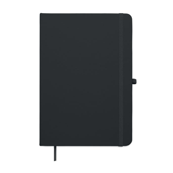 ARCOLOOP - Libreta A5 de PU reciclado con tapa rígida y cierre elástico en color negro.