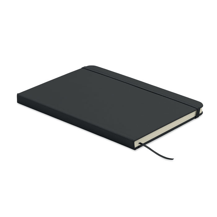 ARCOLOOP - Libreta A5 de PU reciclado con tapa rígida negra y cierre elástico, ideal para notas y escritura.