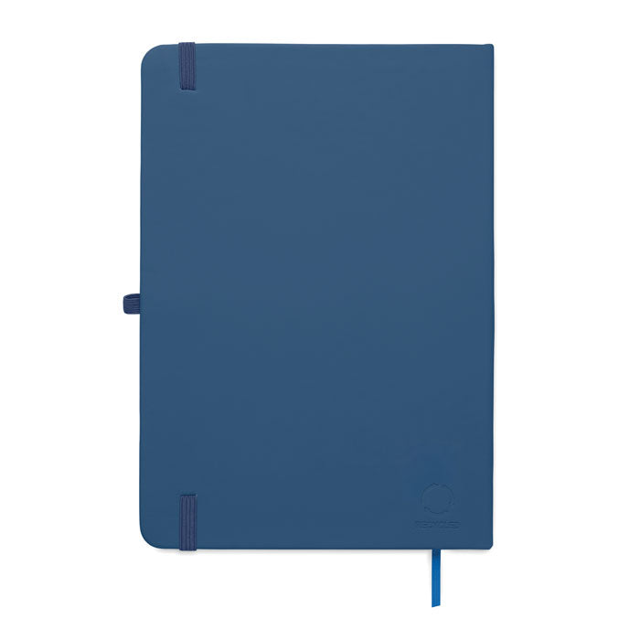 ARCOLOOP - Libreta A5 de PU reciclado con tapa rígida en color azul, cierre elástico y cinta marcapáginas.