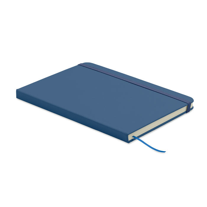 ARCOLOOP - Libreta A5 de PU reciclado con tapa rígida, cierre elástico y cinta marcapáginas en color azul.