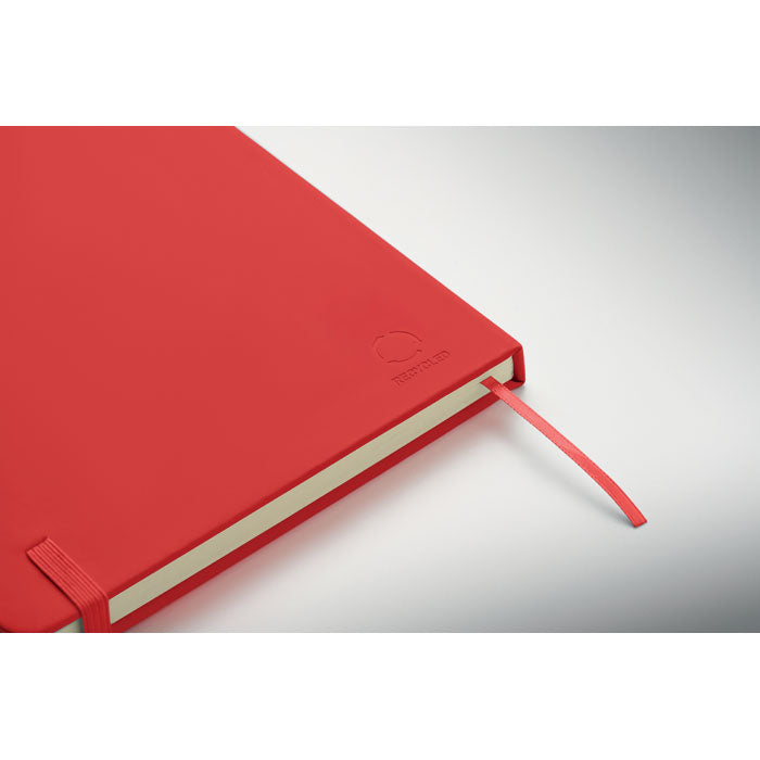 ARCOLOOP - Libreta A5 de PU reciclado con tapa rígida roja, cierre elástico y cinta marcapáginas.