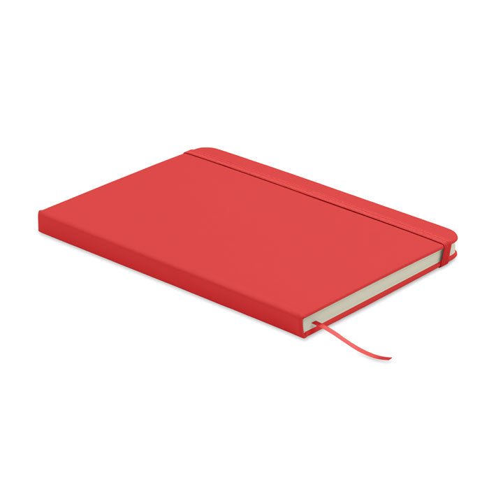 ARCOLOOP - Libreta A5 de PU reciclado con tapa rígida roja, cierre elástico y cinta marcapáginas.