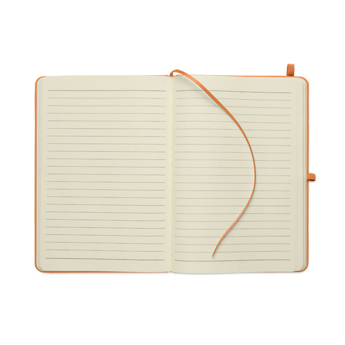 ARCOLOOP - Libreta A5 de PU reciclado abierta, mostrando páginas rayadas y cinta marcapáginas.