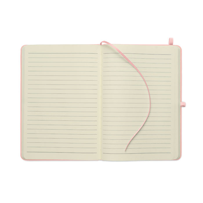 Interior de la ARCOLOOP - Libreta A5 de PU reciclado con páginas rayadas y cinta marcapáginas.