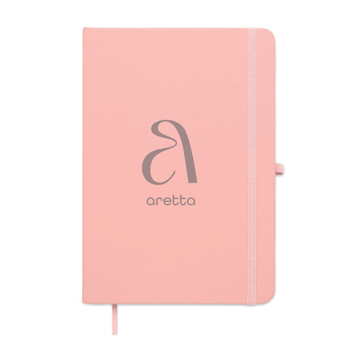 ARCOLOOP - Libreta A5 de PU reciclado en color rosa con logo aretta y cierre elástico.