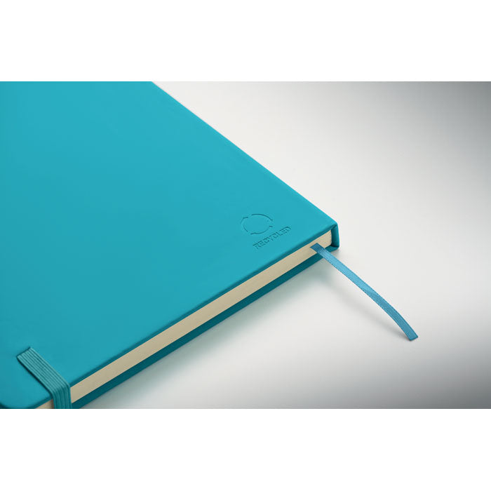 ARCOLOOP - Libreta A5 de PU reciclado, tapa rígida en color azul, con cinta marcapáginas y cierre elástico.