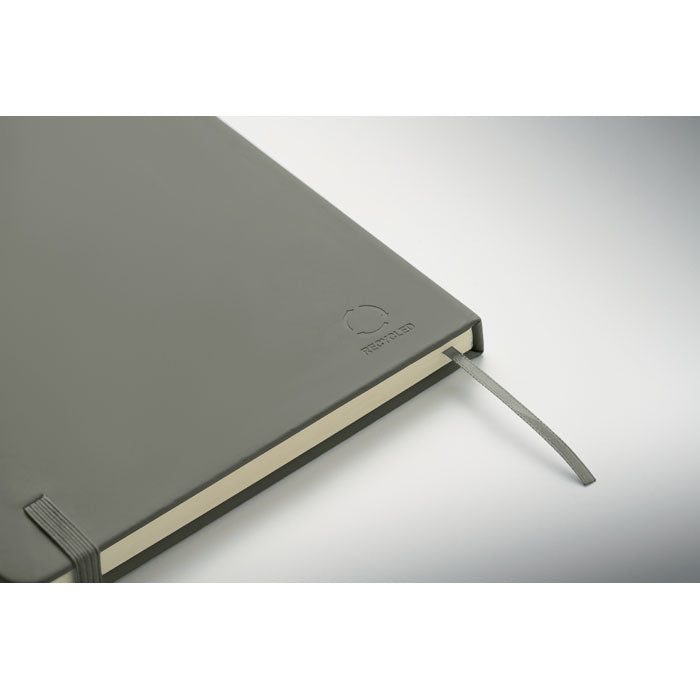 ARCOLOOP - Libreta A5 de PU reciclado con tapa rígida gris, cierre elástico y cinta marcapáginas.