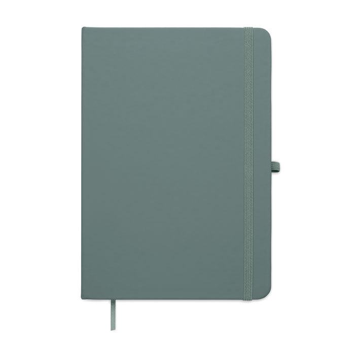 ARCOLOOP - Libreta A5 de PU reciclado con tapa rígida en color verde, cierre elástico y cinta marcapáginas.