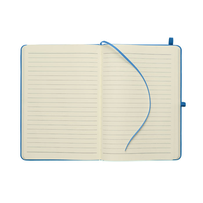 ARCOLOOP - Libreta A5 de PU reciclado con páginas rayadas y cinta marcapáginas, en color azul.