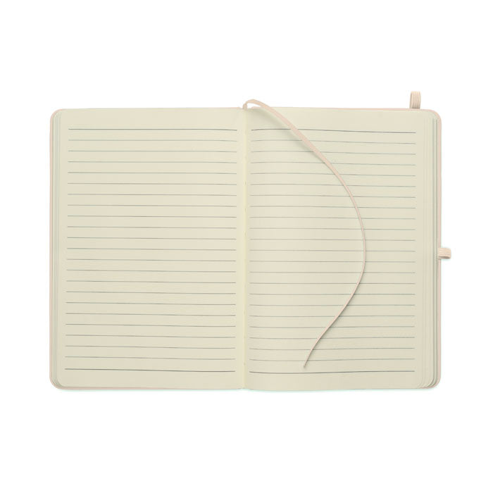 ARCOLOOP - Libreta A5 de PU reciclado abierta, con páginas rayadas y cinta marcapáginas.