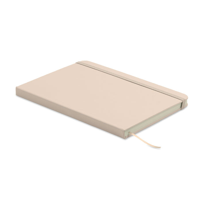 ARCOLOOP - Libreta A5 de PU reciclado con tapa rígida, cierre elástico y cinta marcapáginas en color beige.