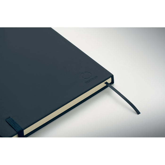 ARCOLOOP - Libreta A5 de PU reciclado con tapa rígida y cinta marcapáginas, en color negro.