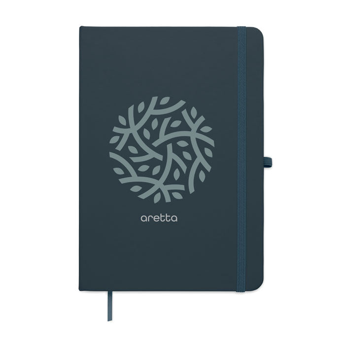 ARCOLOOP - Libreta A5 de PU reciclado con diseño de hojas y cierre elástico en color azul.