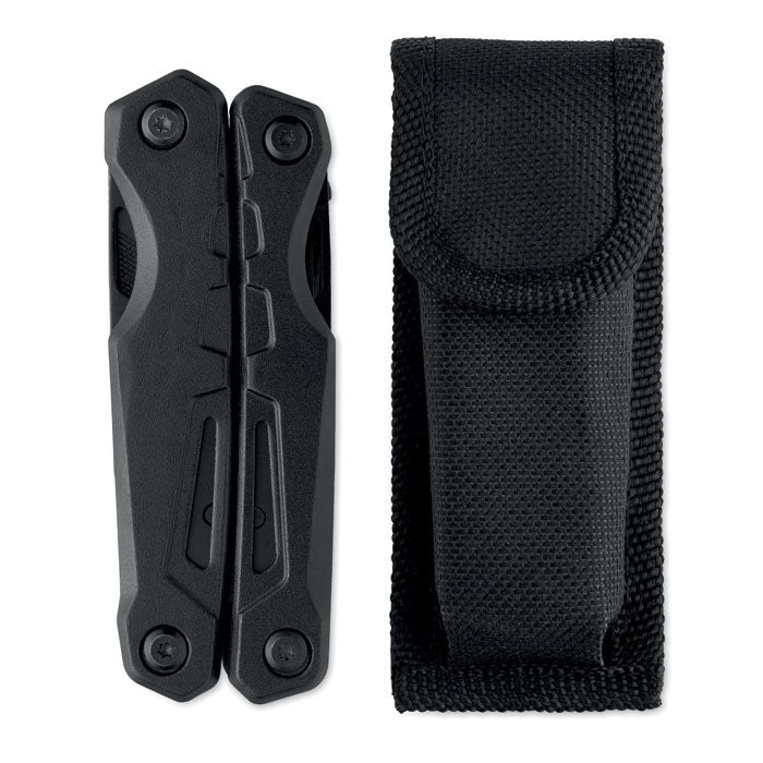 BLAQUIN - Multiherramienta plegable en negro con funda de tejido 600D, compacta y funcional para múltiples tareas.