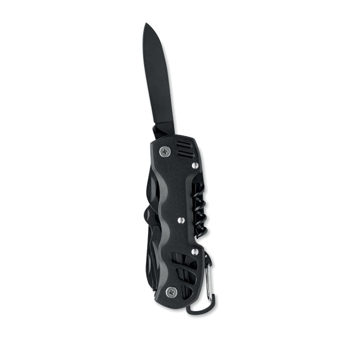 MYTOOL - Navaja multiusos 13 en 1, navaja multiherramienta negra con cuchillo y mosquetón.