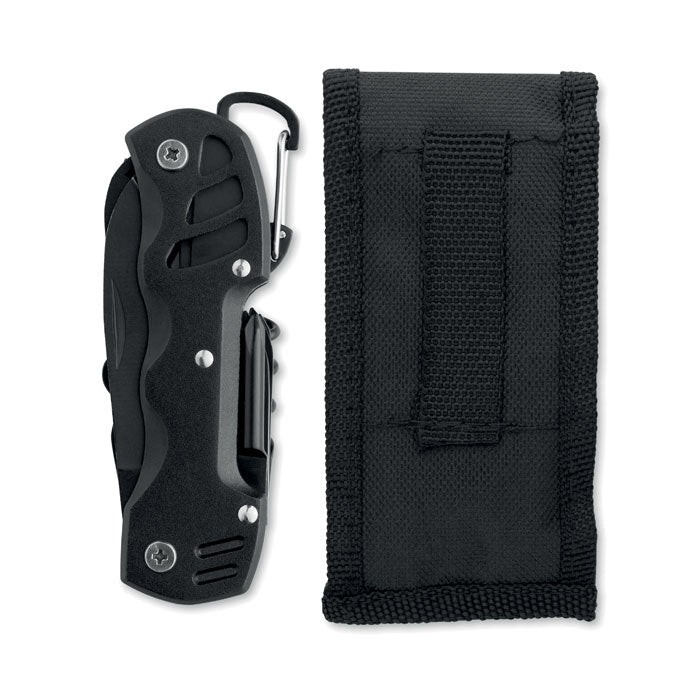 MYTOOL - Navaja multiusos 13 en 1 junto a su funda negra de transporte.