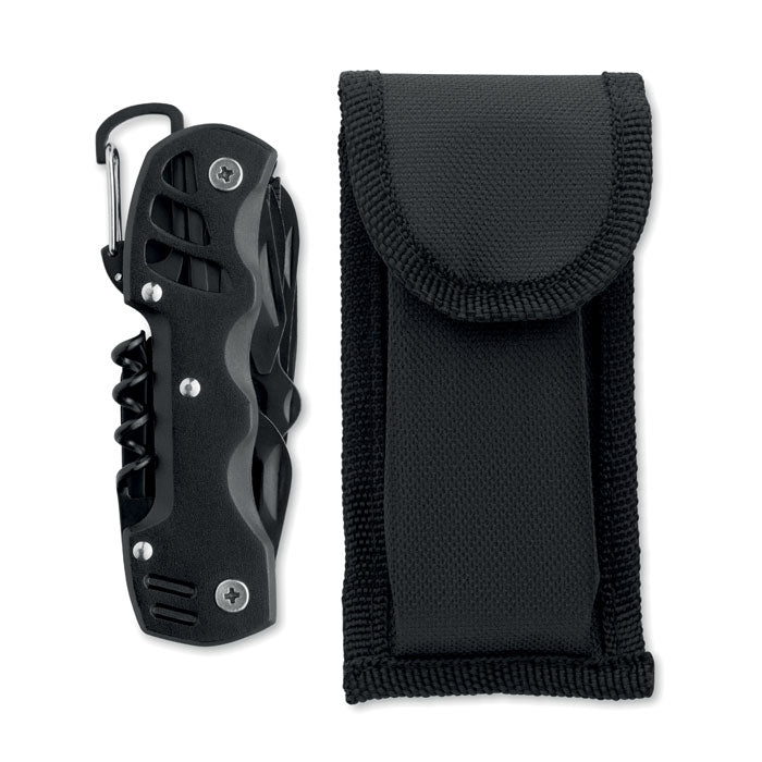 MYTOOL - Navaja multiusos 13 en 1 junto a su funda negra de 600D, perfecta para actividades al aire libre.