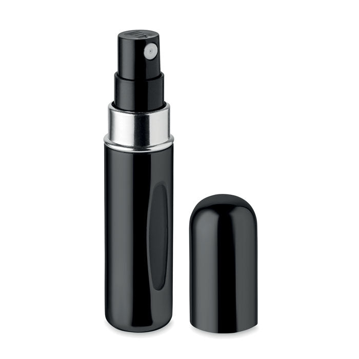 SPRAY - Atomizador recargable de 5 ml en color negro, con diseño moderno y tapa elegante.