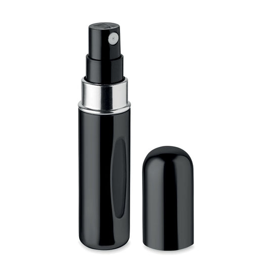 SPRAY - Atomizador recargable de 5 ml en color negro, con diseño moderno y tapa elegante.