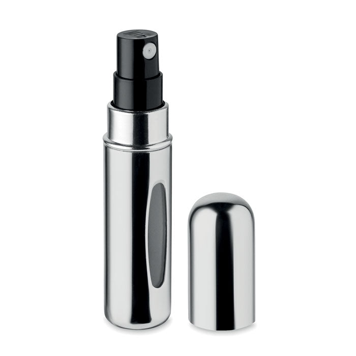 SPRAY - Atomizador recargable de 5 ml en color aluminio brillante con tapa y diseño antigoteo.