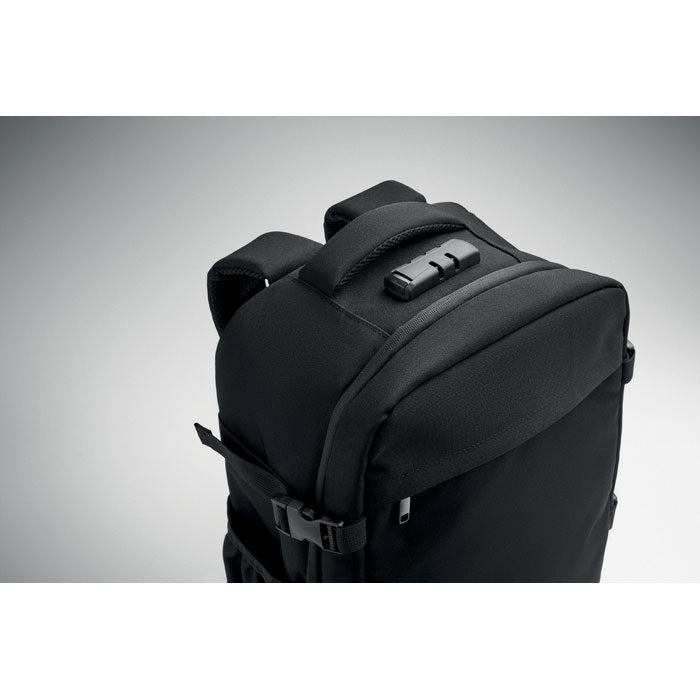 LOCK&GO - Mochila 15" RPET 20L vista superior mostrando el diseño negro y el cierre numérico.