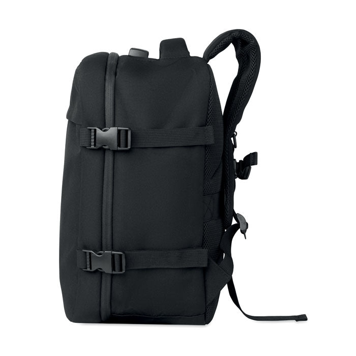 LOCK&GO - Mochila 15" RPET 20L en color negro vista lateral con hebillas y correas.