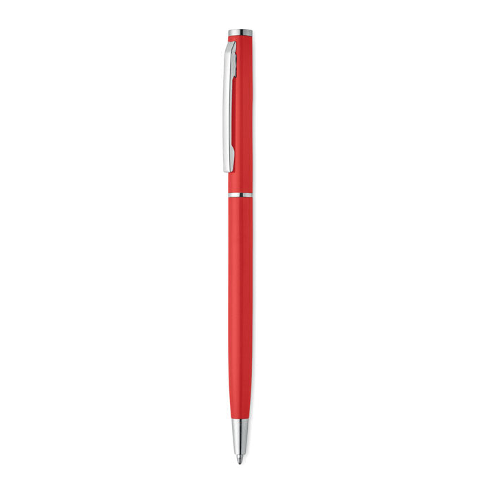 NIMES - Bolígrafo aluminio reciclado en color rojo con clip cromado, diseño elegante y mecanismo giratorio.