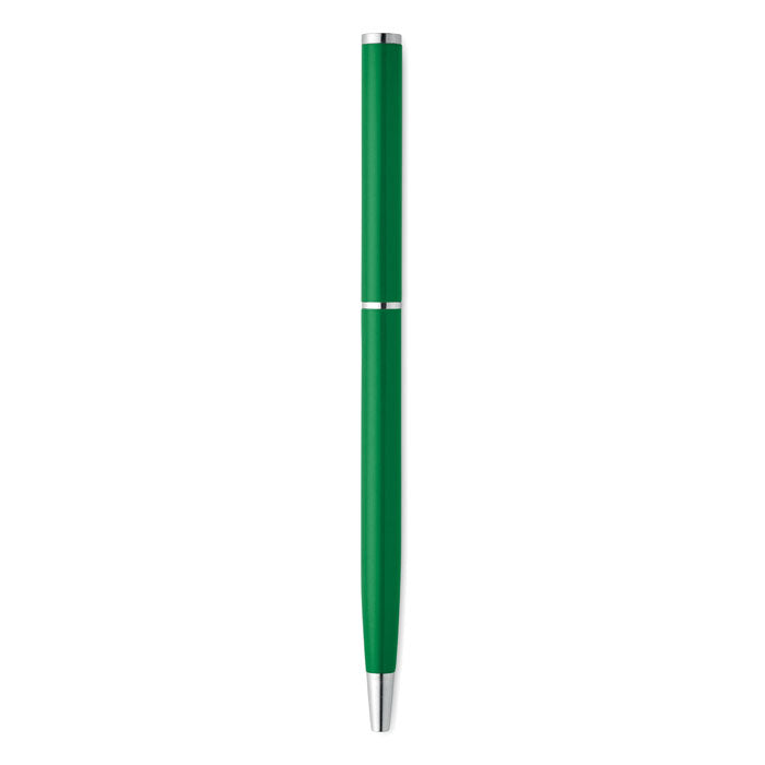 NIMES - Bolígrafo aluminio reciclado en color verde con mecanismo giratorio y clip cromado.