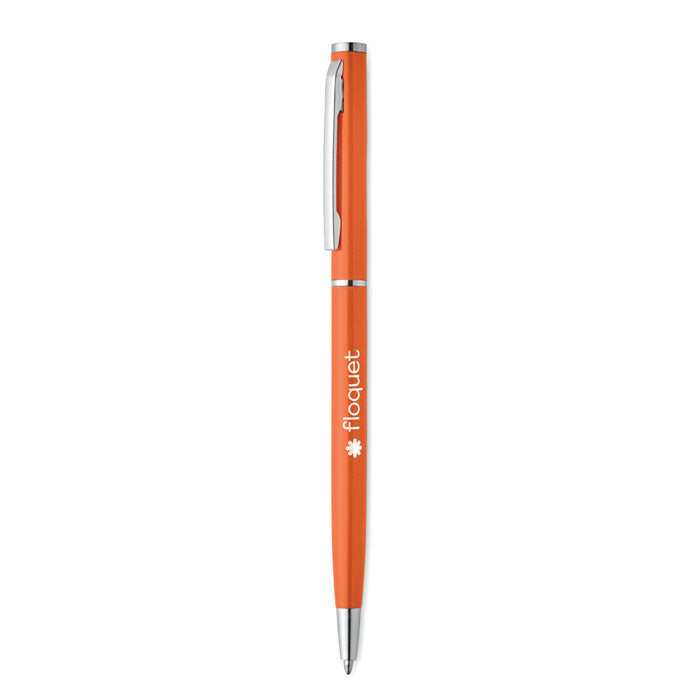 Bolígrafo naranja de aluminio reciclado NIMES con clip cromado y tinta azul.