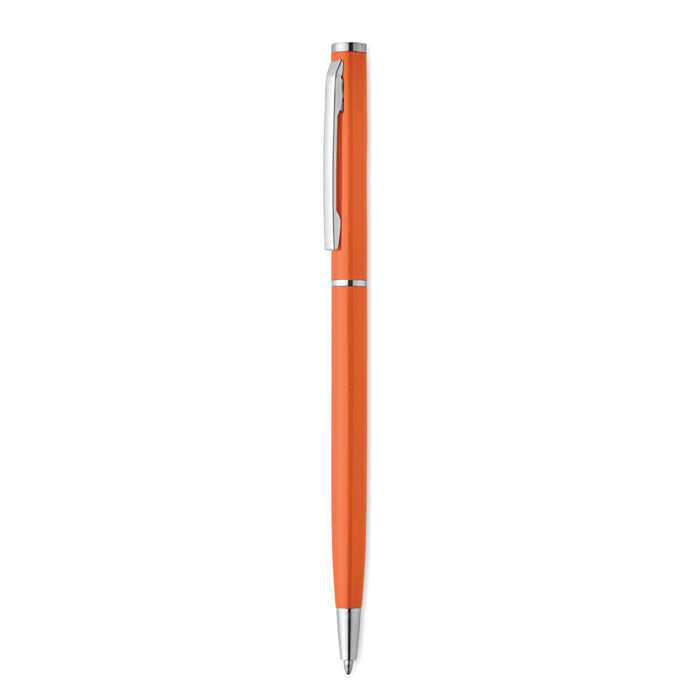 NIMES - Bolígrafo aluminio reciclado en color naranja con clip cromado y mecanismo giratorio.