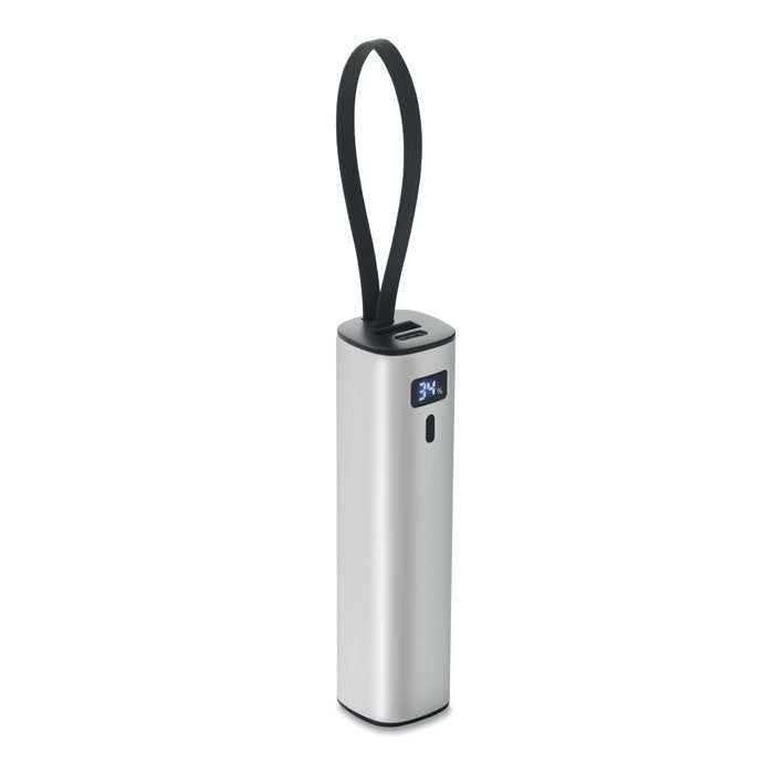 POWERTUBE - Powerbank 5000mAh PD 20W en aluminio reciclado con indicador de batería y cable USB-C integrado.