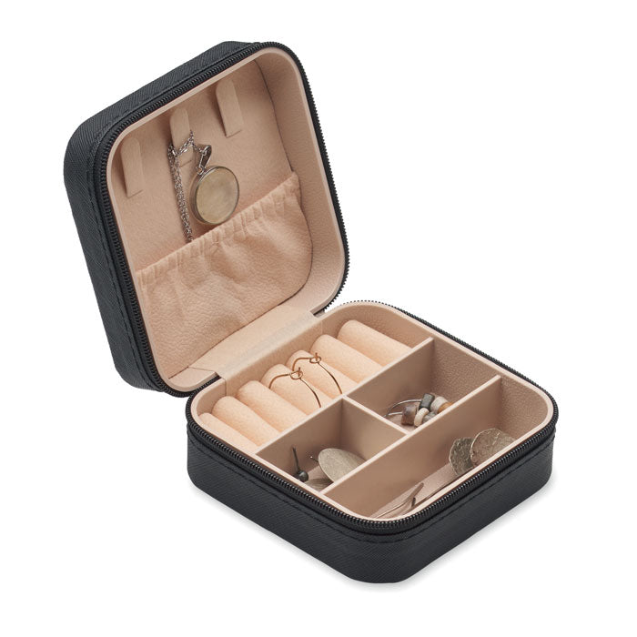 JULBOX - Joyero de viaje PU abierto con compartimentos, en piel sintética y interior de terciopelo.