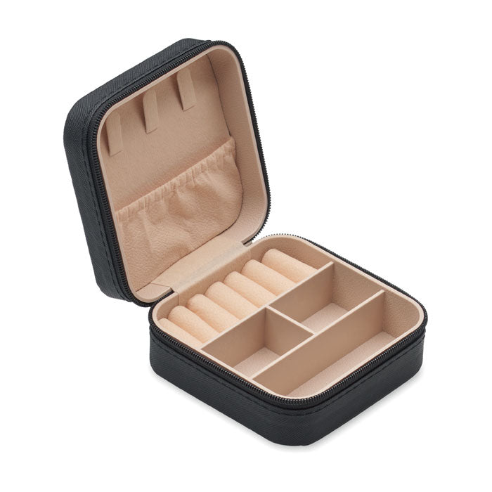 JULBOX - Joyero de viaje PU abierto, con compartimentos para anillos y bolsillo, diseño elegante en piel sintética.