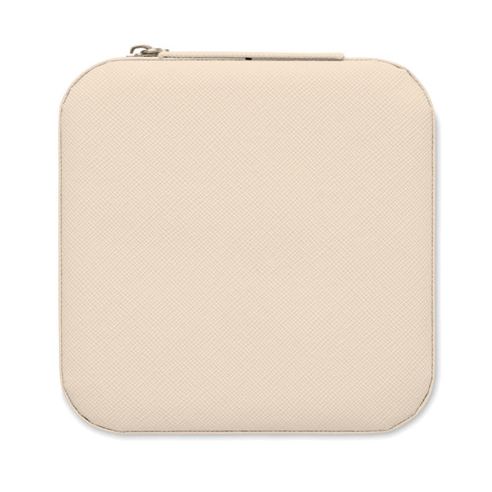 JULBOX - Joyero de viaje PU en color beige, con diseño cuadrado y cierre de cremallera.
