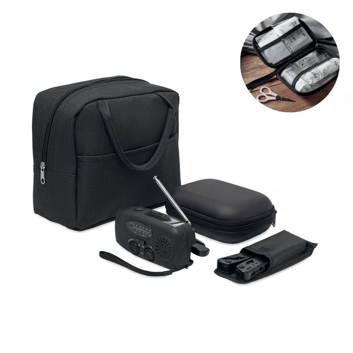 SAFENEST - Kit de emergencia con bolsa térmica, radio y multiherramienta.