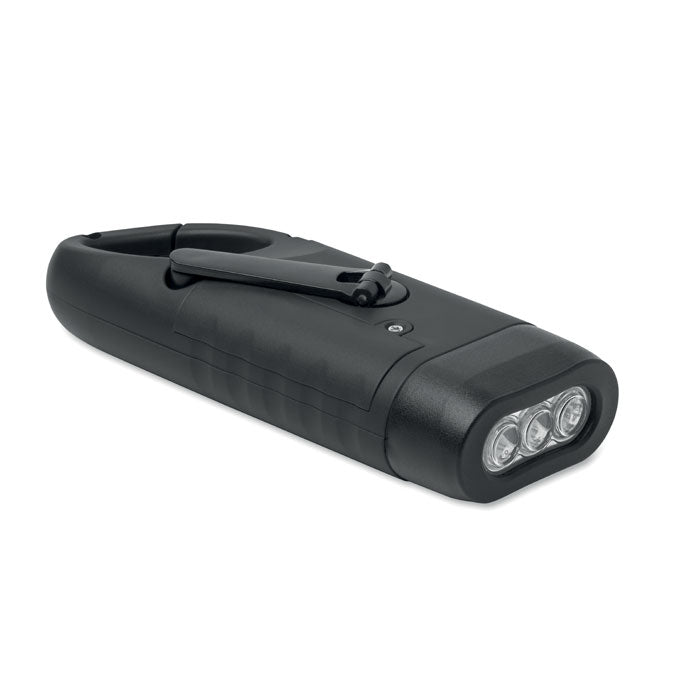 CRANCH - Linterna solar dinamo en color negro con 3 LED y clip para fácil transporte.