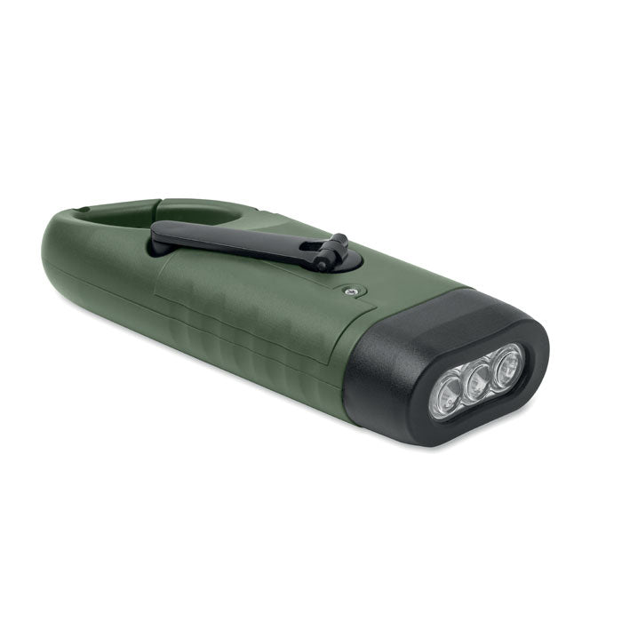 CRANCH - Linterna solar dinamo en color verde con 3 LED y diseño ergonómico, ideal para actividades al aire libre.
