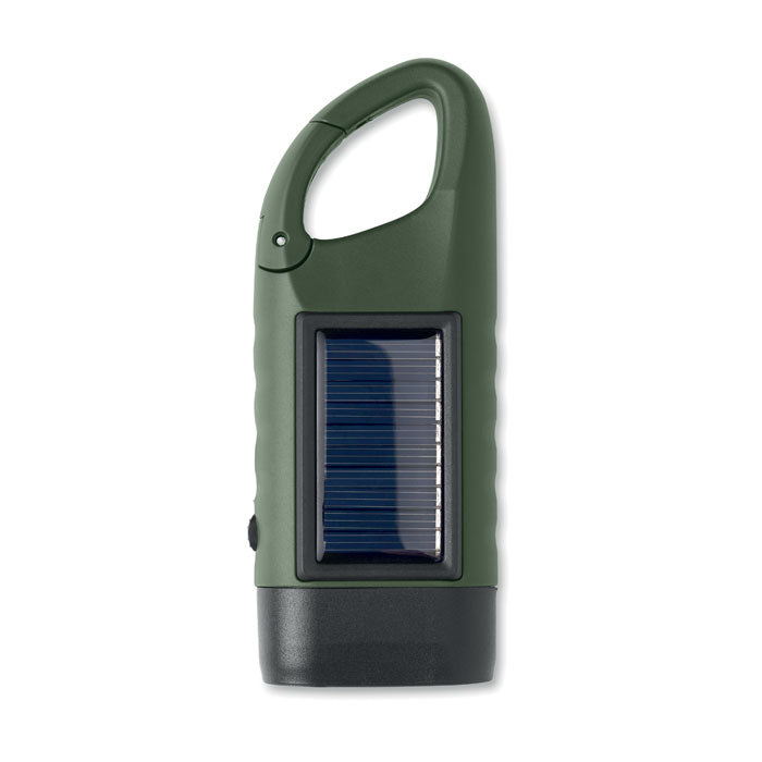 CRANCH - Linterna solar dinamo de color verde, con panel solar y dinamo manual para iluminación continua.