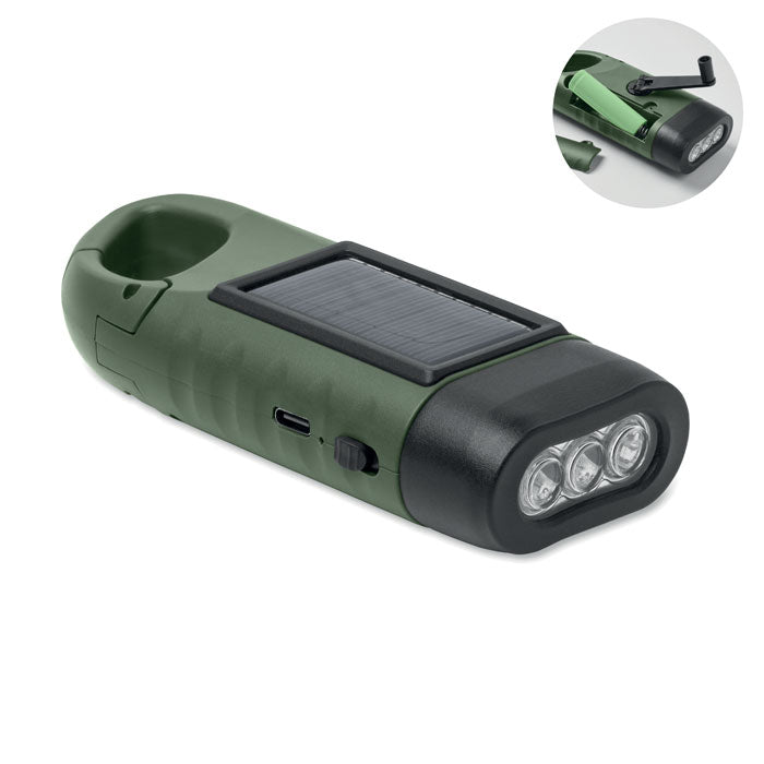 CRANCH - Linterna solar dinamo con panel solar, dinamo manual y 3 LED en color verde.