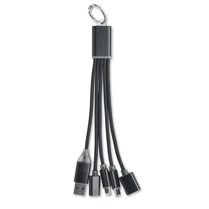 HUBLUE - Llavero cable de carga 3 en 1 con múltiples conexiones USB y USB-C en color negro.