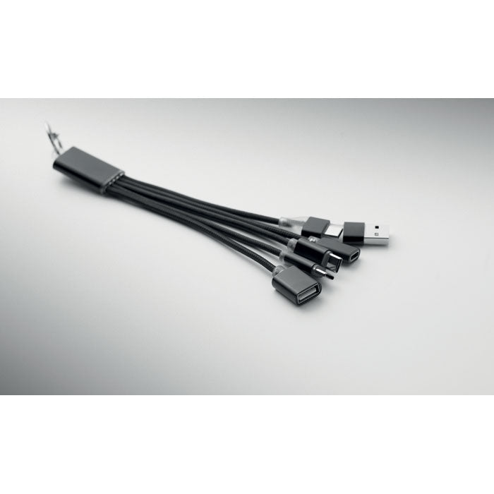 HUBLUE - Llavero cable de carga 3 en 1 con múltiples salidas USB-A y USB-C en color negro.