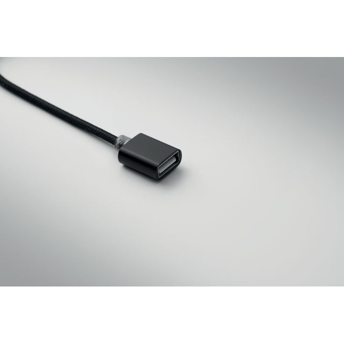 HUBLUE - Llavero cable de carga 3 en 1, con conector USB-A visible sobre un fondo gris.