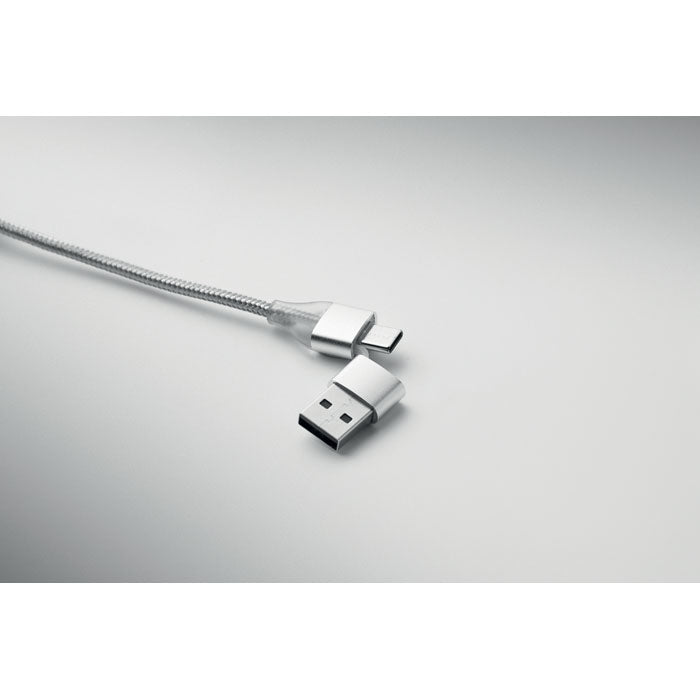 HUBLUE - Llavero cable de carga 3 en 1 con conectores USB-A y USB-C en acabado de aluminio.