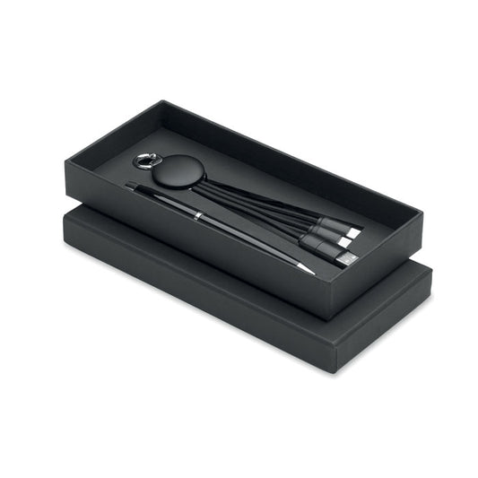 INTWOS - Set de regalo de 2 piezas en caja negra con bolígrafo y llavero con cable de carga.