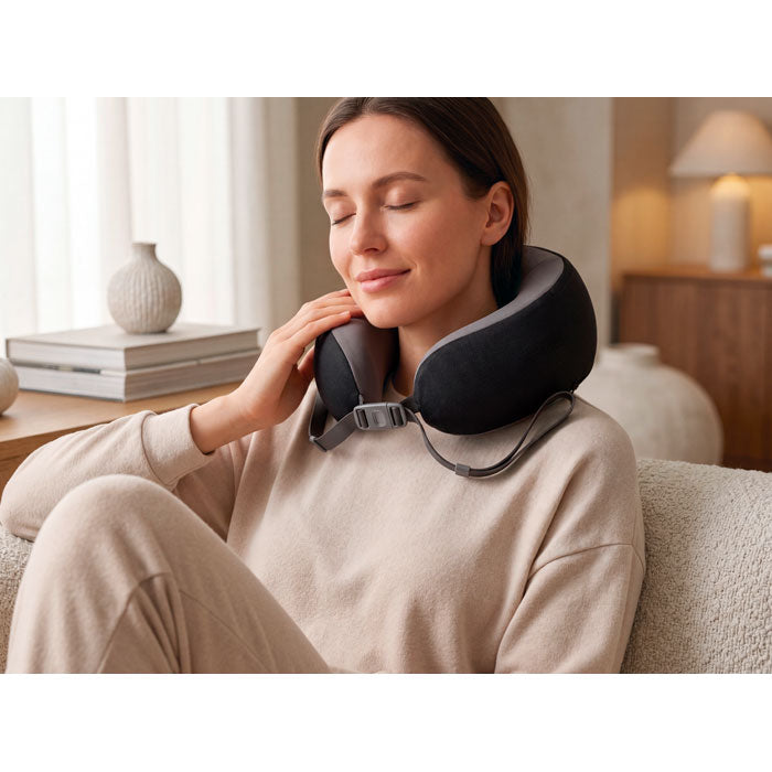 Mujer relajándose con la RELIEF - Almohada de masaje recargable en un ambiente cómodo y sereno.