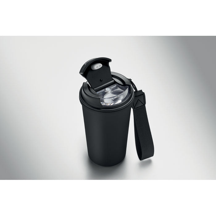 NAKANO - Vaso de acero reciclado 400 ml, vaso térmico negro con tapa y asa, ideal para bebidas.