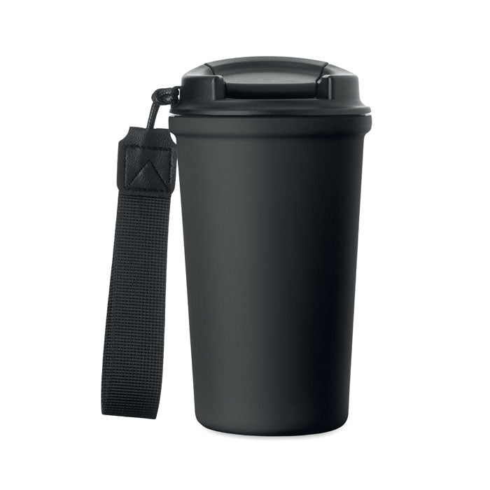 NAKANO - Vaso de acero reciclado 400 ml en color negro con tapa y asa para mayor comodidad.
