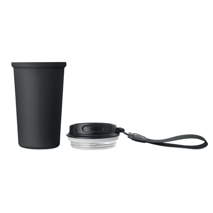 NAKANO - Vaso de acero reciclado 400 ml con tapa y asa, color negro, diseño moderno y funcional.